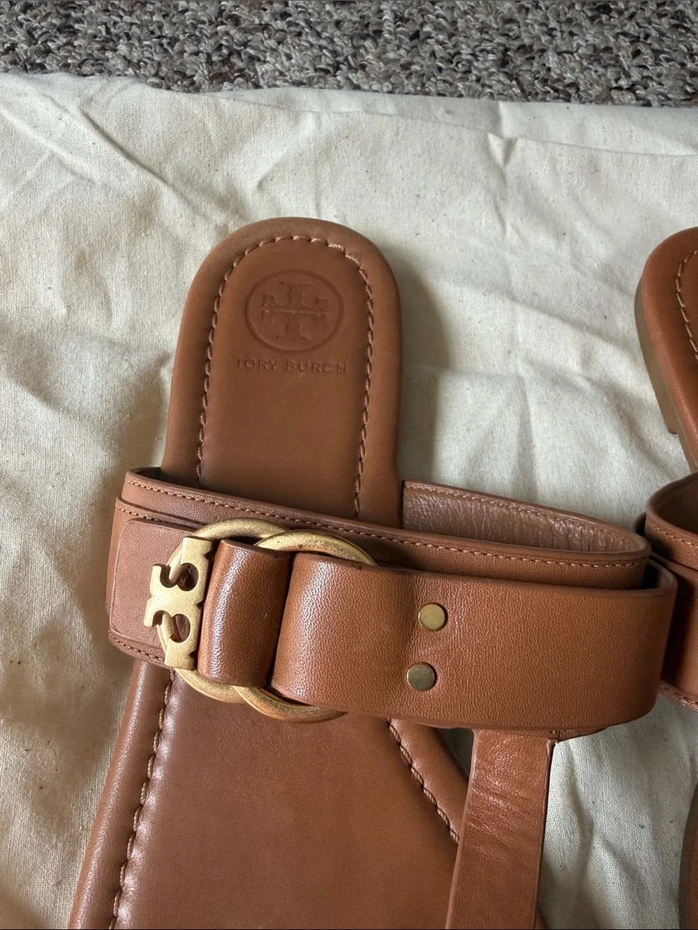 Tory Burch Brown Leather Thong Sandals with Gold Buckle